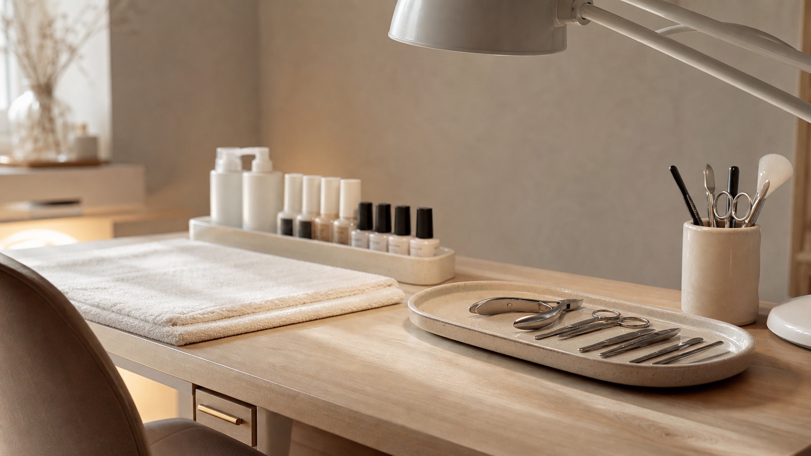 Manicure tools laid out on the studio worktable